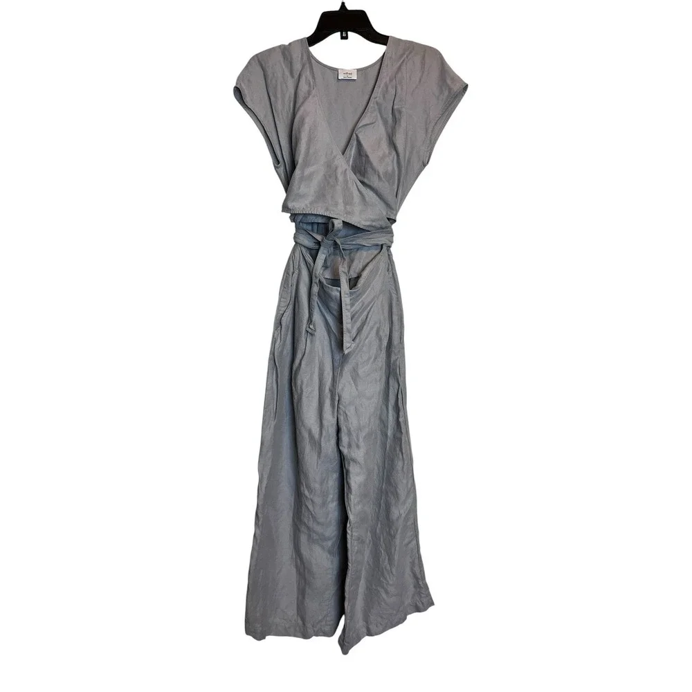 Aritzia Wilfred Brax Jumpsuit 6 Gray Linen Blend Wide Leg Tie Waist - Picture 2 of 7